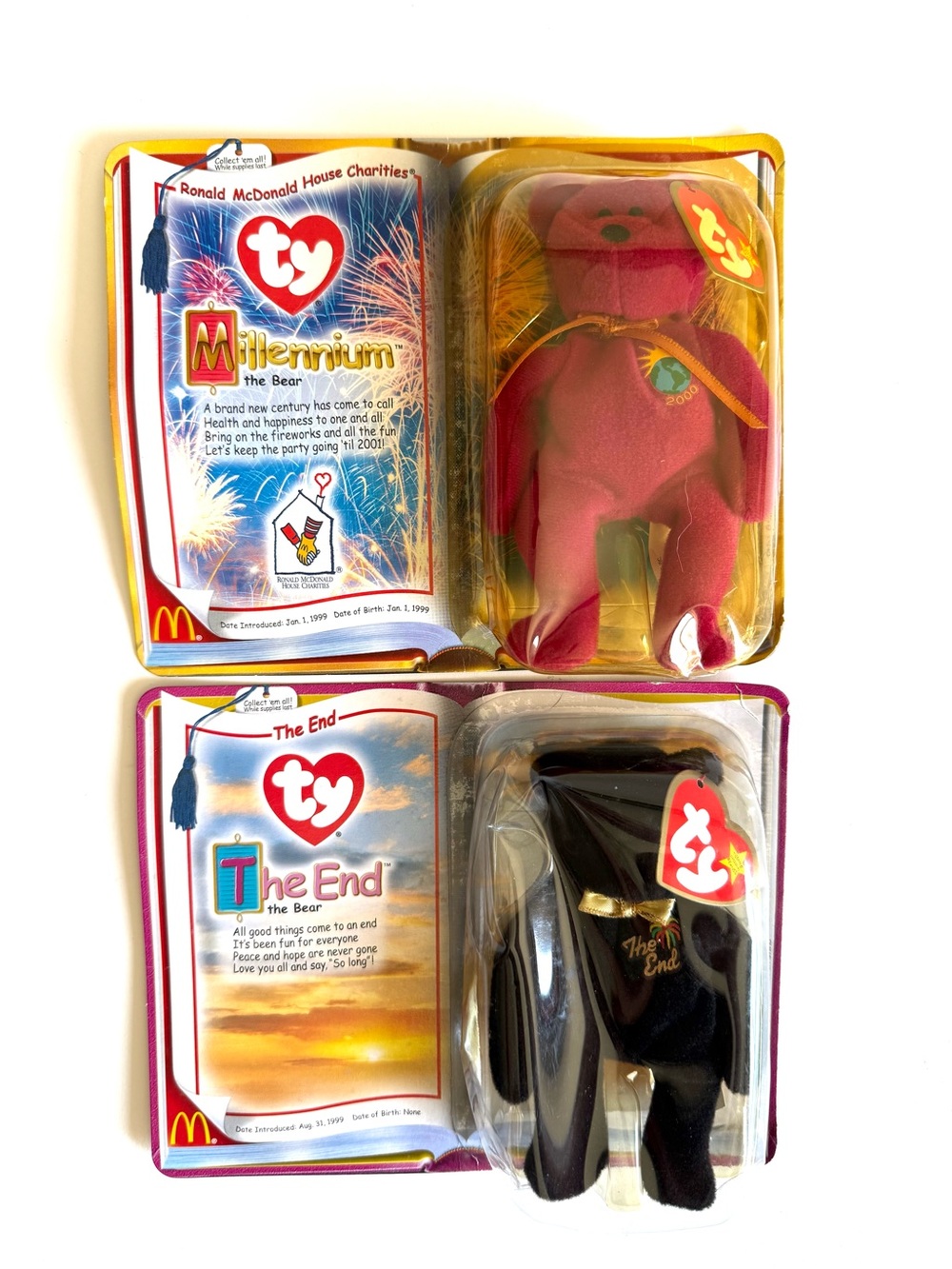 McDonald’s Ty Teenie Beanie Babies Millennium + The End Bears Set of 2 NIP VTG